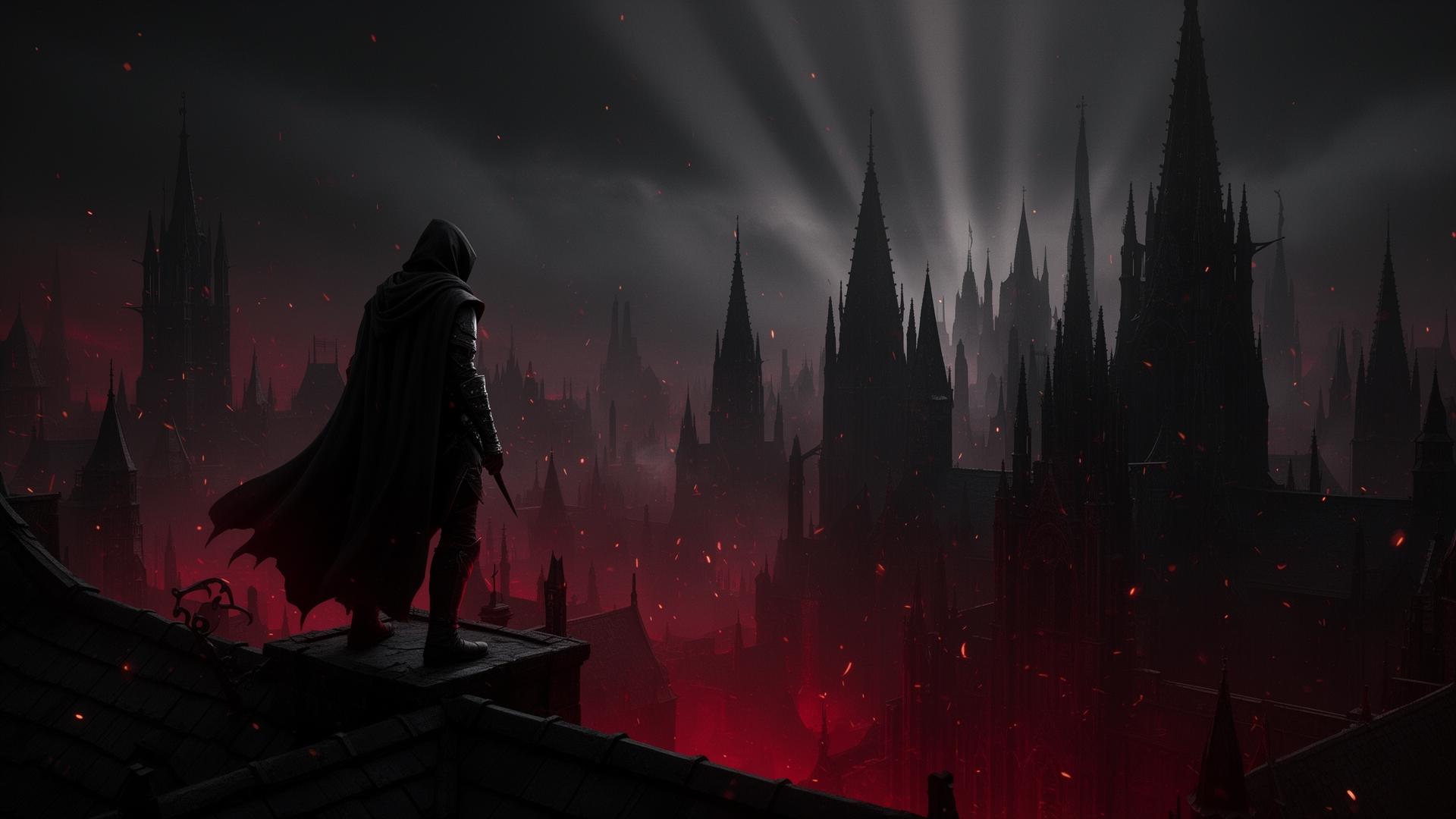 Hooded warrior overlooking a dark fantasy city
